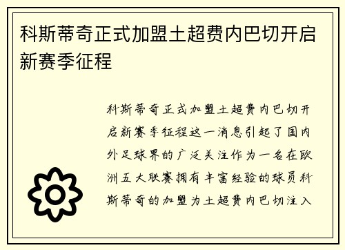 科斯蒂奇正式加盟土超费内巴切开启新赛季征程