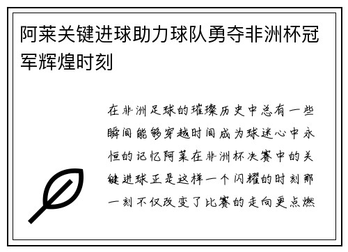 阿莱关键进球助力球队勇夺非洲杯冠军辉煌时刻